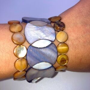 x3 Vtg Irridescent Shell Multi Colour Blue White Brown Stretch Bracelets OS